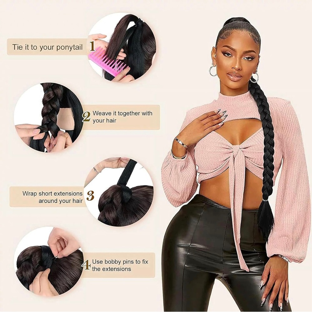 Long Braided Ponytail Hair Extension - Black, 32 Inch